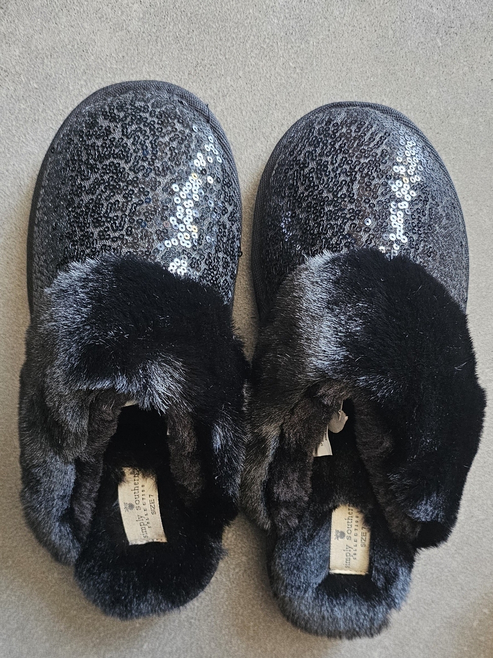 Kids Sequin Slip-On Fur Lined Slippers - Black